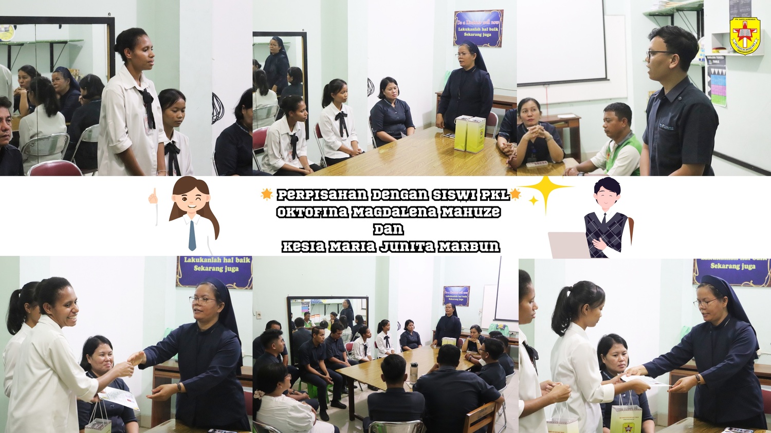 Suster Kepala Sekolah Sr. Aniceta Parhusip bersama Bapak/Ibu PKS dan Pegawai mengadakan acara pelepasan kepada dua siswi SMK Bintang Timur Pematangsiantar, yaitu Oktofina Magdalena Mahuze dan Kesia Maria Junita Marbun